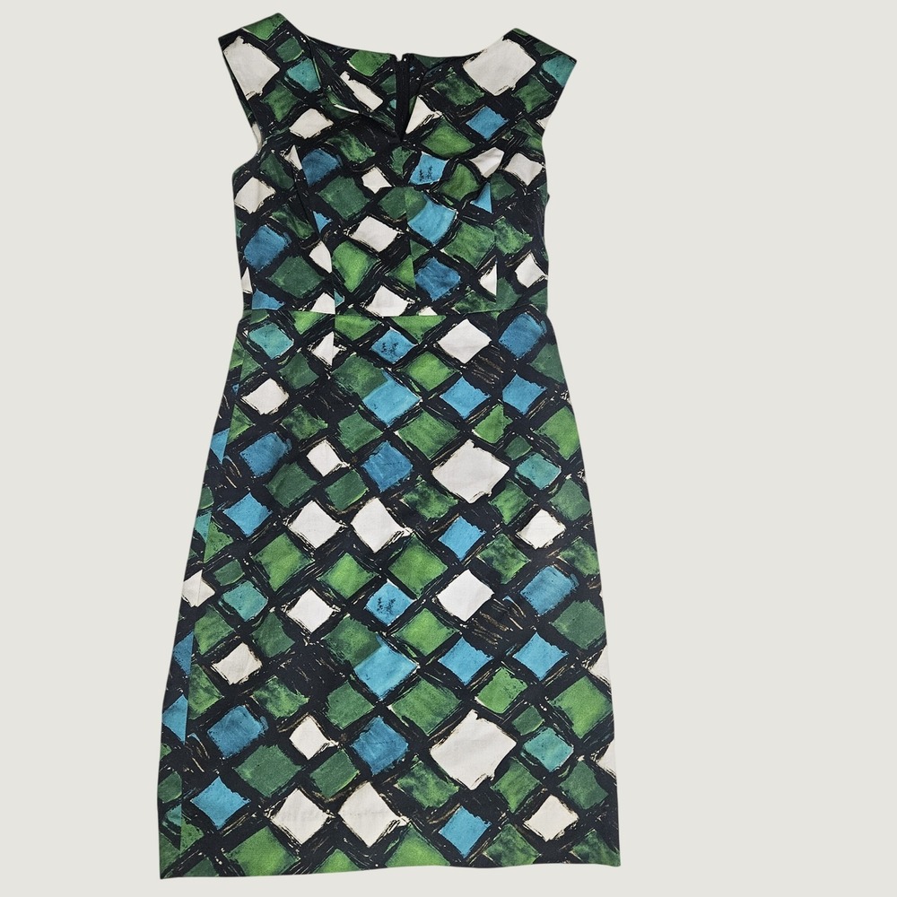 Milly of New York Green Size 4 USA Blue Geometric Diamond Print Sheath Dress